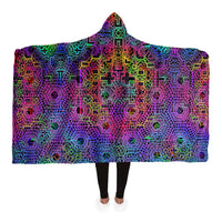 Aya Visionary Hooded Blanket, Neon Geometric Sherpa Throw, Bohemian Meditation Gift, Psychedelic Sacred Throw