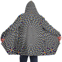 Hypnodelica Micro Fleece Cloak, Hooded Wearable Art, Psychedelic Festival Layer — front — hood raised