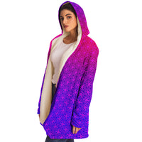 Sacral Bloom Micro Fleece Cloak, Hooded Wearable Art, Psychedelic Festival Layer — back spread — hood raised