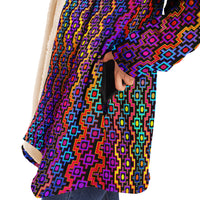 Rainbow Healing Micro Fleece Cloak, Hooded Wearable Art, Psychedelic Festival Layer — back — hood raised