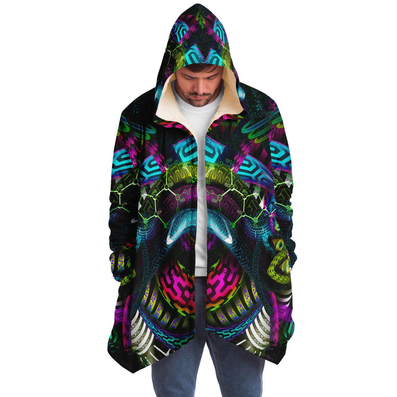 Jungle Juice Micro Fleece Cloak, Hooded Wearable Art, Psychedelic Festival Layer — front — hood raised