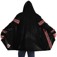 Urban Samurai Micro Fleece Cloak, Hooded Wearable Art, Psychedelic Festival Layer — back spread — hood raised
