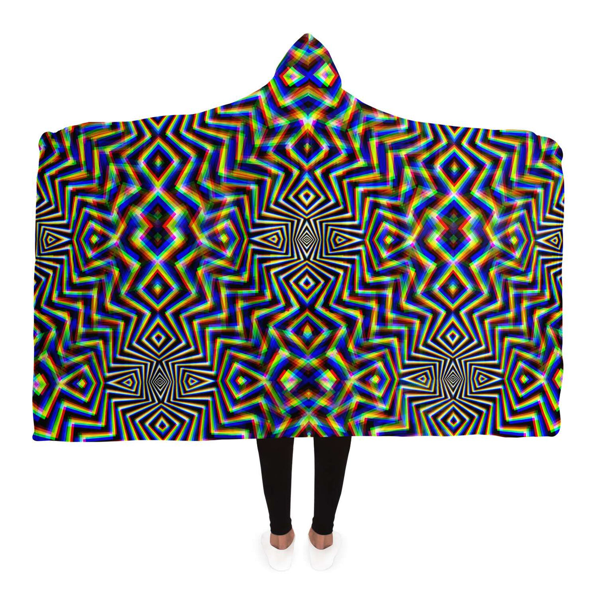 Chromadelic Hooded Blanket, Prismatic Op Art Sherpa Throw, Psychedelic Boho Gift, Optical Illusion Sacred Blanket