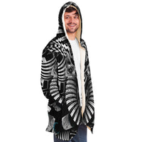 Hypnotica Micro Fleece Cloak, Hooded Wearable Art, Psychedelic Festival Layer — wearer-right three-quarter — hood lowered