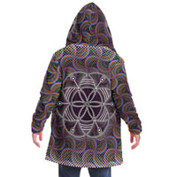 Sacred Seed Micro Fleece Cloak, Hooded Wearable Art, Psychedelic Festival Layer — back spread — hood raised