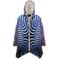 Xebrax Micro Fleece Cloak, Hooded Wearable Art, Psychedelic Festival Layer — back — hood raised