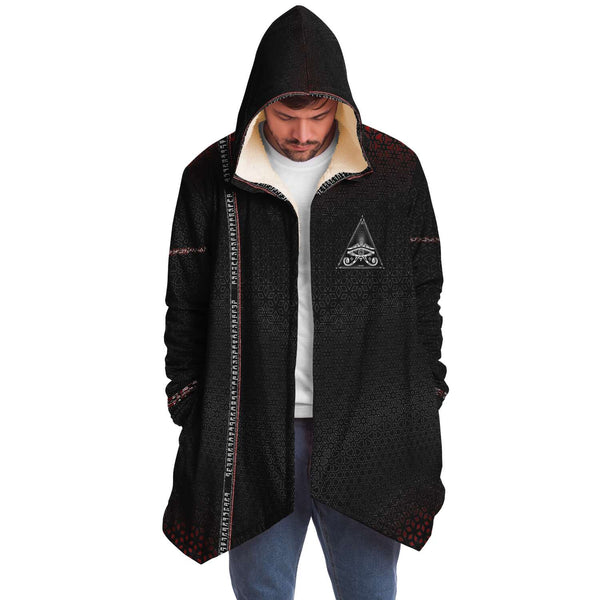 Singular Sight Cloak Micro Fleece Cloak, Hooded Wearable Art, Psychedelic Festival Layer — front — hood raised
