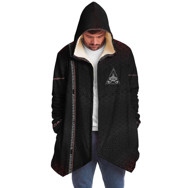 Singular Sight Cloak Micro Fleece Cloak, Hooded Wearable Art, Psychedelic Festival Layer — front — hood raised