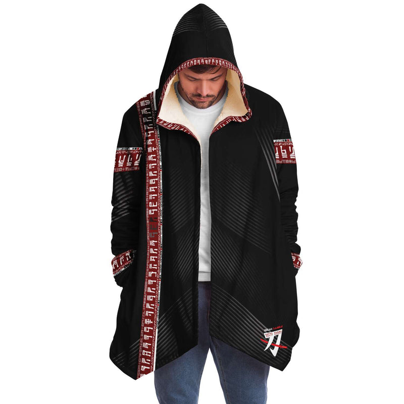 Urban Samurai Micro Fleece Cloak, Hooded Wearable Art, Psychedelic Festival Layer — front — hood raised
