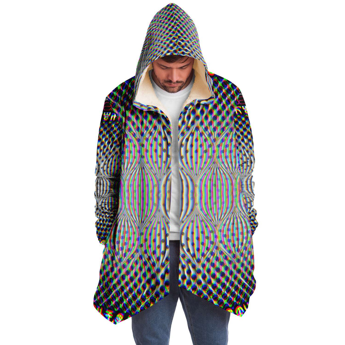 Codified Micro Fleece Cloak, Hooded Wearable Art, Psychedelic Festival Layer — front — hood raised