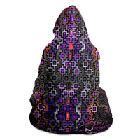 Twilight Healing Hooded Blanket, Tribal Cross Geometric Sherpa Throw, Moody Boho Gift, Dark Sacred Geometry Blanket