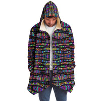 Rainbow Tribe Micro Fleece Cloak, Hooded Wearable Art, Psychedelic Festival Layer — back spread — hood raised