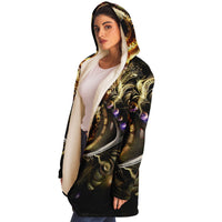 Witness Micro Fleece Cloak, Hooded Wearable Art, Psychedelic Festival Layer — wearer-right three-quarter — hood lowered