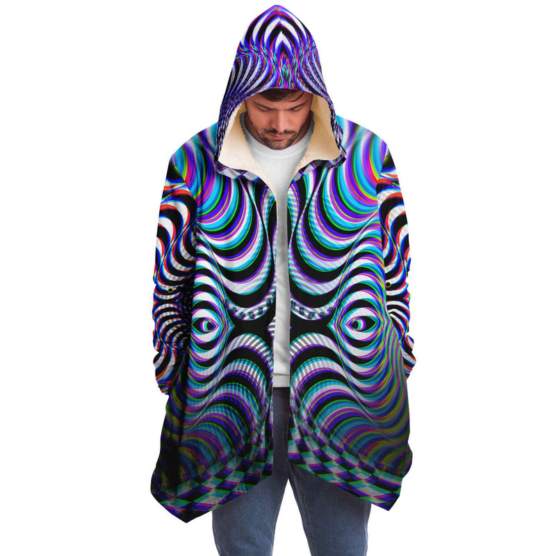 Xebrax Micro Fleece Cloak, Hooded Wearable Art, Psychedelic Festival Layer — front — hood raised