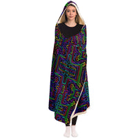 Prismatic Overlay Hooded Blanket, Neon Labyrinth Geometric Sherpa Throw, Futuristic Boho Gift, Glowing Circuit Blanket