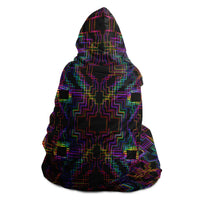 Psytron Hooded Blanket, Neon Digital Geometric Sherpa Throw, Futuristic Boho Gift, Luminous Techno Sacred Blanket