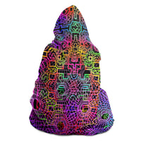 Aya Visionary Hooded Blanket, Neon Geometric Sherpa Throw, Bohemian Meditation Gift, Psychedelic Sacred Throw