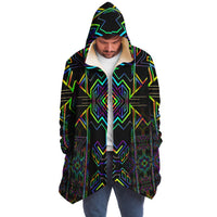 Tryptek II Micro Fleece Cloak, Hooded Wearable Art, Psychedelic Festival Layer — back spread — hood raised