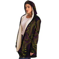 Velvet Flow Micro Fleece Cloak, Hooded Wearable Art, Psychedelic Festival Layer — back — hood raised