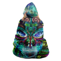 Jungle Juice Hooded Blanket, Tribal Mask Neon Sherpa Throw, Psychedelic Boho Gift, Visionary Creature Blanket
