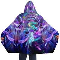 Satyam Shivam Sundaram Micro Fleece Cloak, Hooded Wearable Art, Psychedelic Festival Layer — front — hood lowered