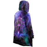 Luminous Presence Micro Fleece Cloak, Hooded Wearable Art, Psychedelic Festival Layer — wearer-right three-quarter — hood lowered