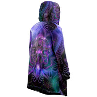 Luminous Presence Micro Fleece Cloak, Hooded Wearable Art, Psychedelic Festival Layer — wearer-right three-quarter — hood lowered