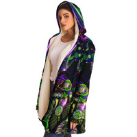 Mystic Temptation II Micro Fleece Cloak, Hooded Wearable Art, Psychedelic Festival Layer — wearer-right three-quarter — hood lowered
