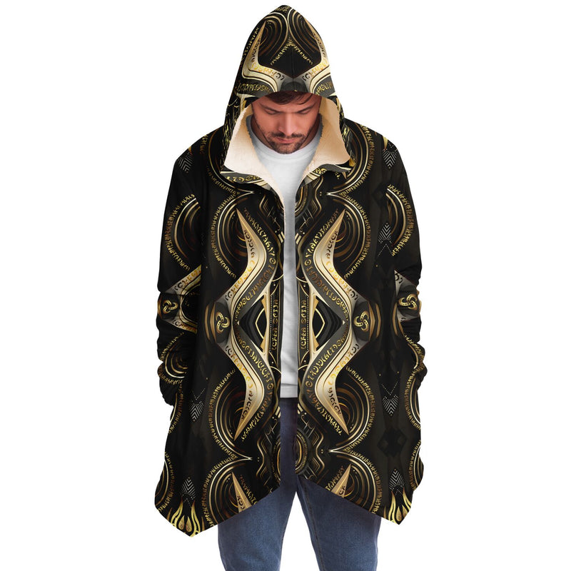 Golden Age Micro Fleece Cloak, Hooded Wearable Art, Psychedelic Festival Layer — front — hood raised