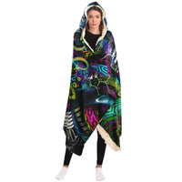 Jungle Juice Hooded Blanket, Tribal Mask Neon Sherpa Throw, Psychedelic Boho Gift, Visionary Creature Blanket