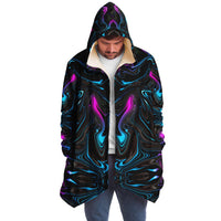 Liquid Sky Micro Fleece Cloak, Hooded Wearable Art, Psychedelic Festival Layer — back spread — hood raised