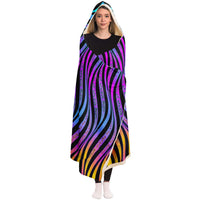 Xenowave Hooded Blanket, Neon Wave Geometric Sherpa Throw, Electric Boho Gift, Luminous Ribbon Blanket