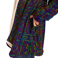 Prismatic Overlay Micro Fleece Cloak, Hooded Wearable Art, Psychedelic Festival Layer — front — hood lowered