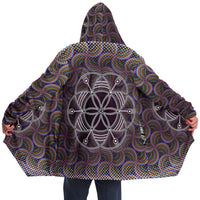 Sacred Seed Micro Fleece Cloak, Hooded Wearable Art, Psychedelic Festival Layer — back — hood raised