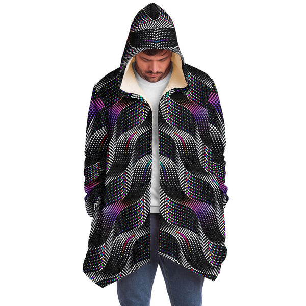 Color Coding Micro Fleece Cloak, Hooded Wearable Art, Psychedelic Festival Layer — front — hood raised