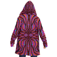 Psychic Serpent Micro Fleece Cloak, Hooded Wearable Art, Psychedelic Festival Layer — front — hood lowered