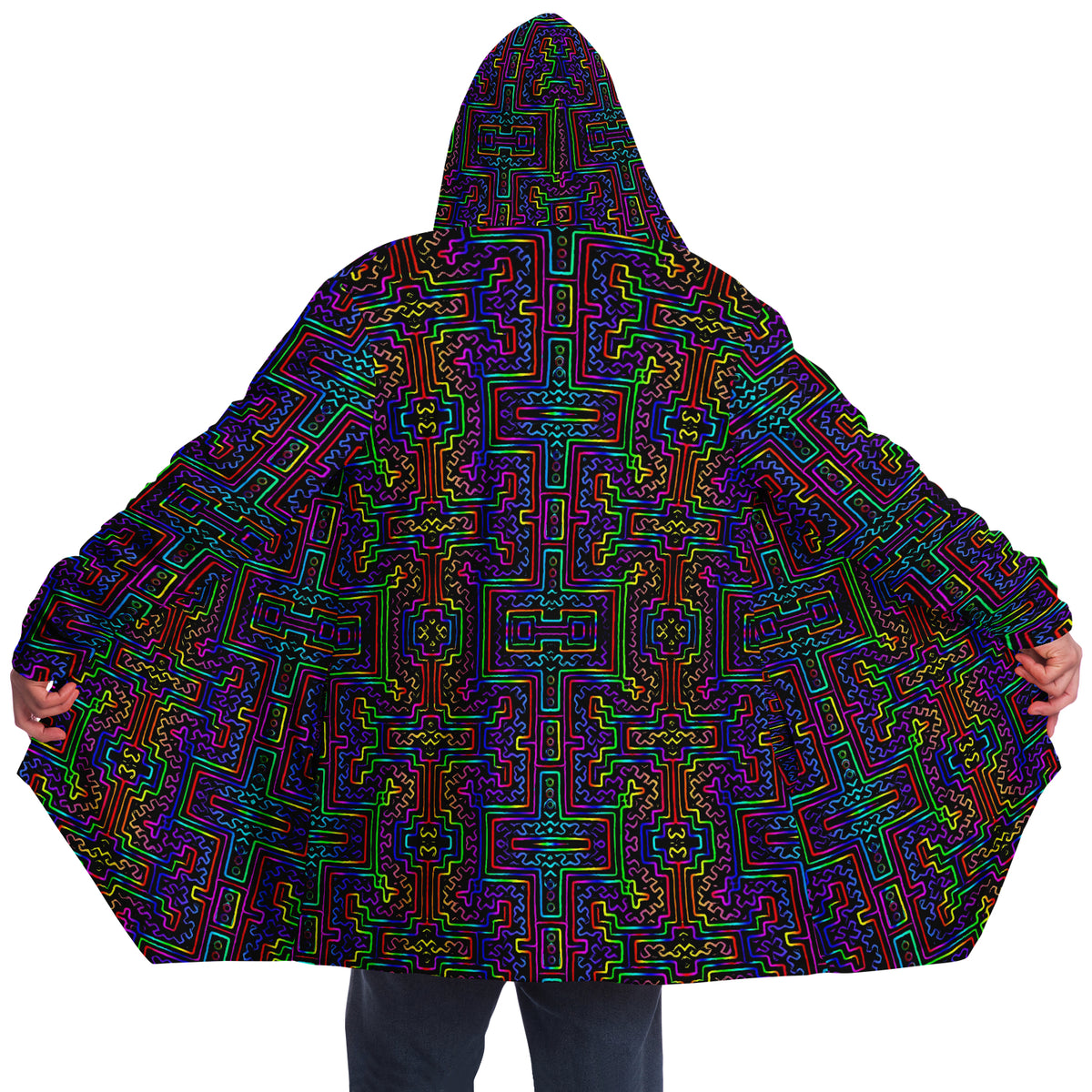 Prismatic Overlay Micro Fleece Cloak, Hooded Wearable Art, Psychedelic Festival Layer — front — hood raised