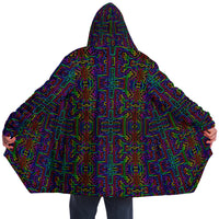 Prismatic Overlay Micro Fleece Cloak, Hooded Wearable Art, Psychedelic Festival Layer — front — hood raised