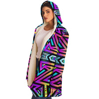 Mystic Mandala Micro Fleece Cloak, Hooded Wearable Art, Psychedelic Festival Layer — wearer-right three-quarter — hood lowered