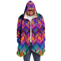 Twisted Micro Fleece Cloak, Hooded Wearable Art, Psychedelic Festival Layer — front — hood raised
