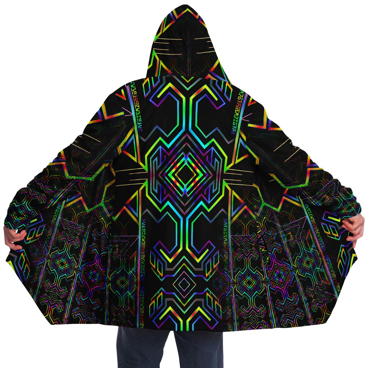 Tryptek II Micro Fleece Cloak, Hooded Wearable Art, Psychedelic Festival Layer — front — hood raised
