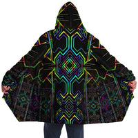 Tryptek II Micro Fleece Cloak, Hooded Wearable Art, Psychedelic Festival Layer — front — hood raised