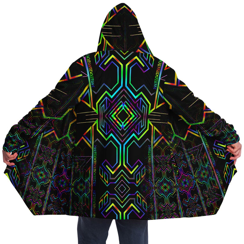 Tryptek II Micro Fleece Cloak, Hooded Wearable Art, Psychedelic Festival Layer — front — hood raised