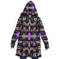 Tea Daze Micro Fleece Cloak, Hooded Wearable Art, Psychedelic Festival Layer — front — hood lowered