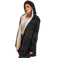 Tryptek Micro Fleece Cloak, Hooded Wearable Art, Psychedelic Festival Layer — wearer-right three-quarter — hood lowered