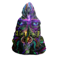 Primordial Archetype Hooded Blanket, Biomechanical Mask Neon Sherpa Throw, Visionary Techno Gift, Ancient Cosmic Blanket