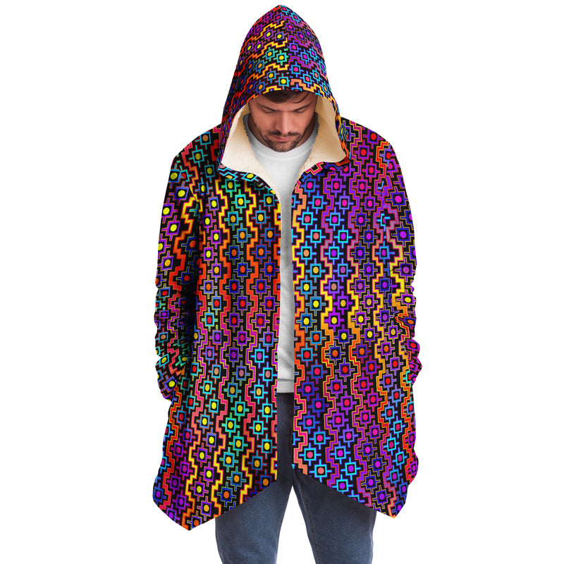 Rainbow Healing Micro Fleece Cloak, Hooded Wearable Art, Psychedelic Festival Layer — front — hood raised