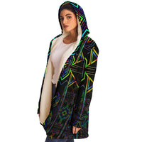 Tryptek II Micro Fleece Cloak, Hooded Wearable Art, Psychedelic Festival Layer — wearer-right three-quarter — hood lowered