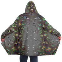 Prismatic Frequency Micro Fleece Cloak, Hooded Wearable Art, Psychedelic Festival Layer — back spread — hood raised