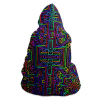 Prismatic Overlay Hooded Blanket, Neon Labyrinth Geometric Sherpa Throw, Futuristic Boho Gift, Glowing Circuit Blanket